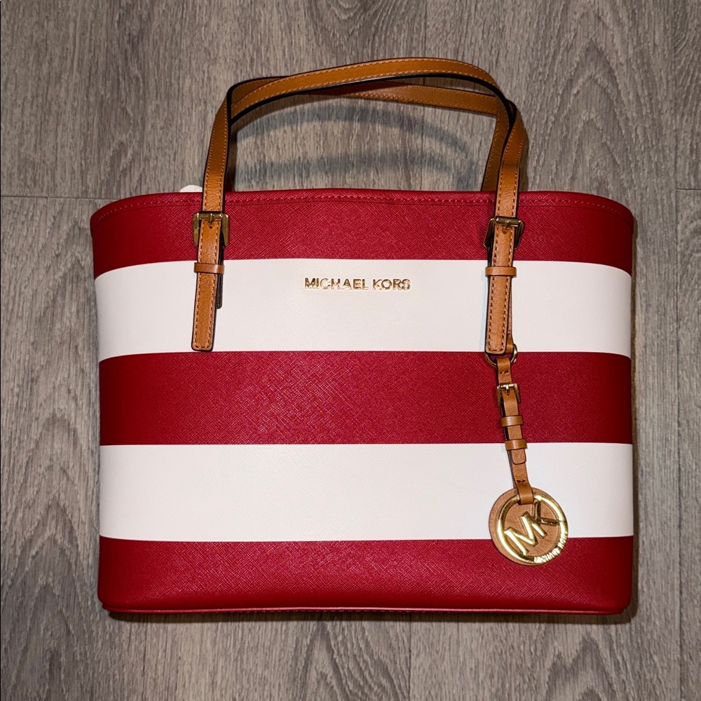 Michael Kors Red and White Stripe Tote